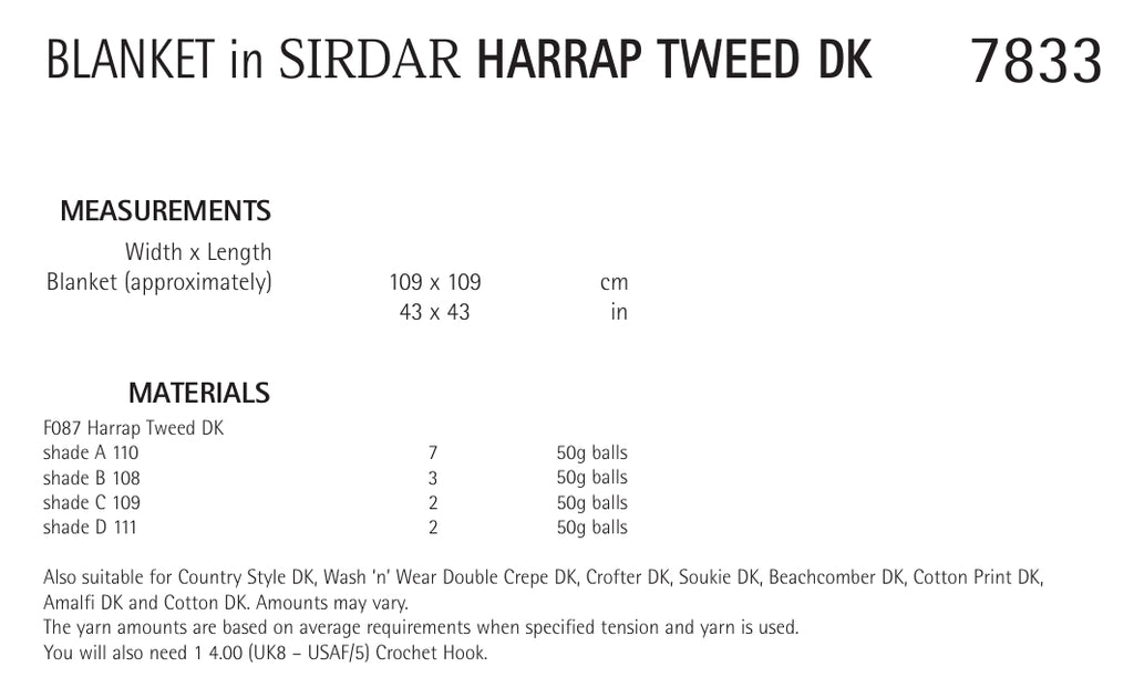 Sirdar Blanket Crochet Pattern in Sirdar Harrap Tweed DK 7833P PDF DOWNLOAD