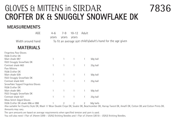 Sirdar Gloves and Mittens Knitting Pattern in Sirdar Crofter DK and Snowflake DK 7836P PDF DOWNLOAD