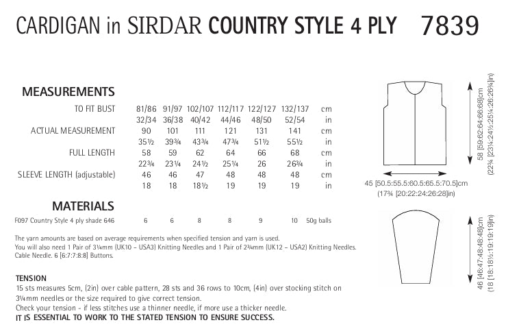 Sirdar Cardigan Knitting Pattern in Sirdar Country Style 4ply 7839P PDF DOWNLOAD
