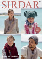 Sirdar T-bag Hat, Pull-on Hat, Snood and Scarf Knitting Pattern in Sirdar Harrap Tweed Chunky 7852P PDF DOWNLOAD