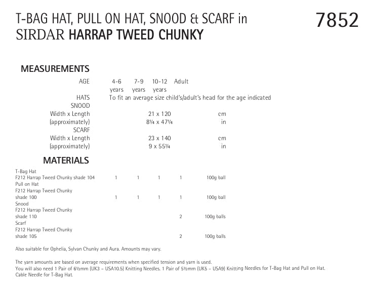 Sirdar T-bag Hat, Pull-on Hat, Snood and Scarf Knitting Pattern in Sirdar Harrap Tweed Chunky 7852P PDF DOWNLOAD