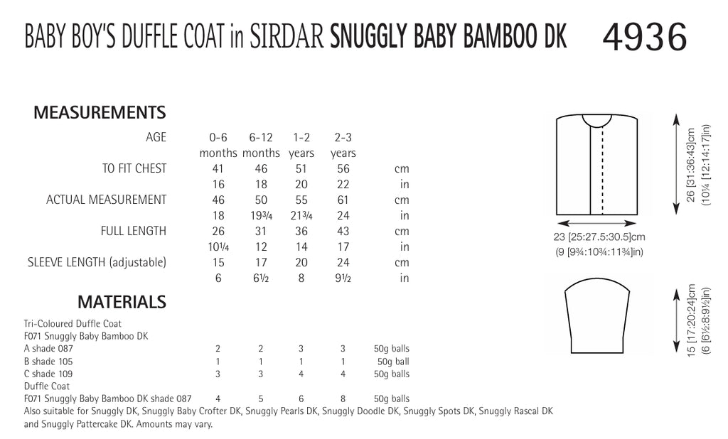 Sirdar Baby Boys Duffle Coat Knitting Pattern in DK 4936P PDF DOWNLOAD