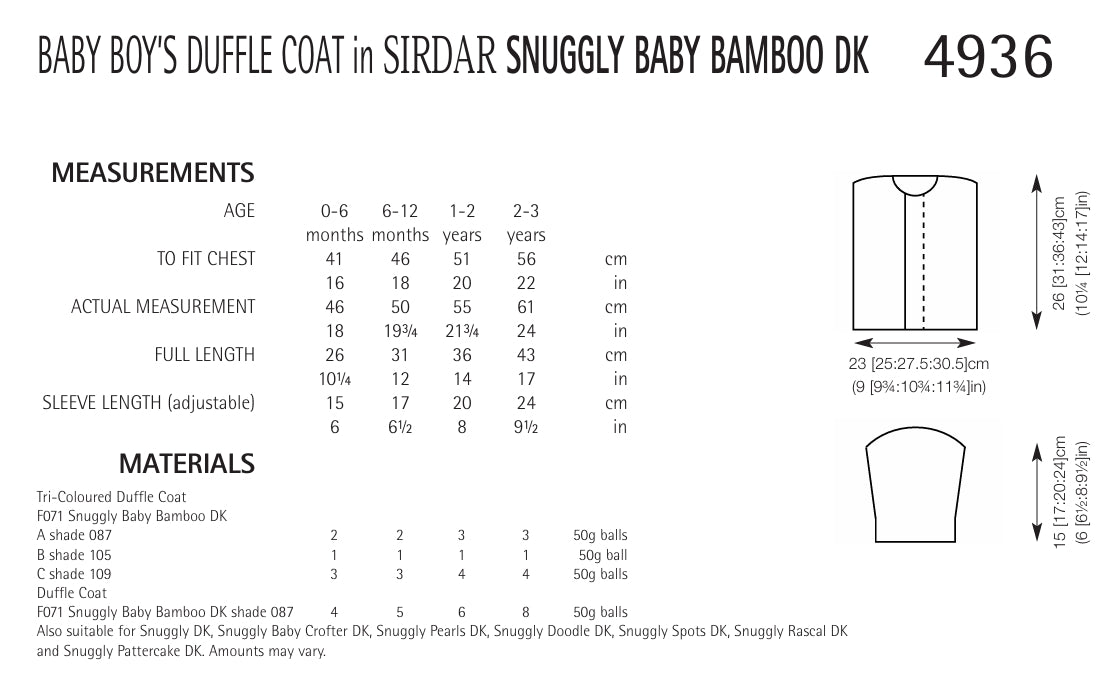 Sirdar Baby Boys Duffle Coat Knitting Pattern in DK 4936P PDF DOWNLOAD