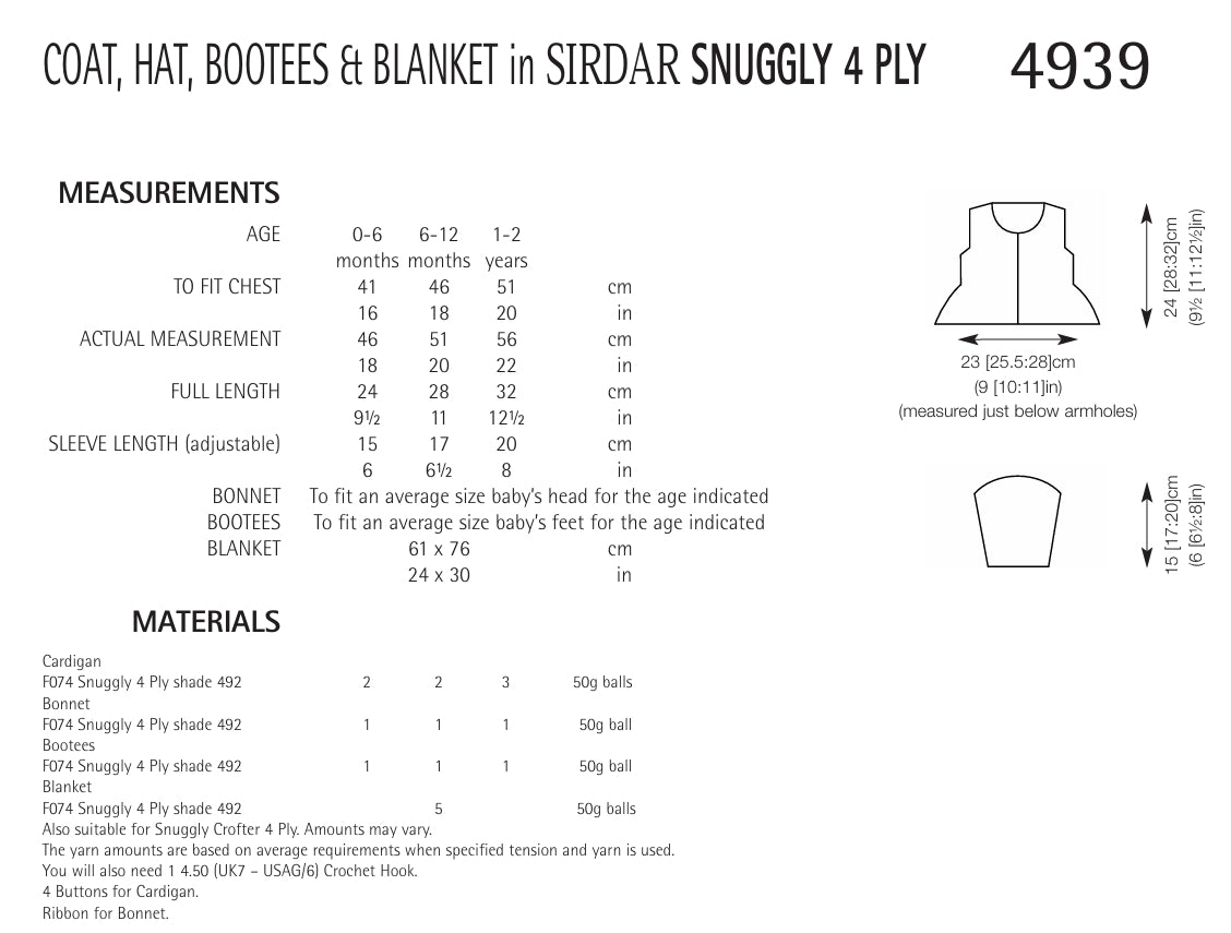 Sirdar Coat, Hat, Bootees & Blanket Knitting Pattern in 4ply 4939P PDF DOWNLOAD