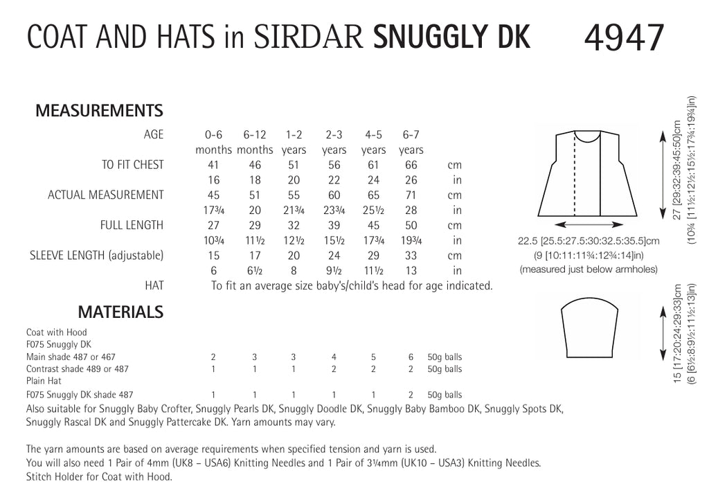 Sirdar Coat & Hats Knitting Pattern in DK 4947P PDF DOWNLOAD