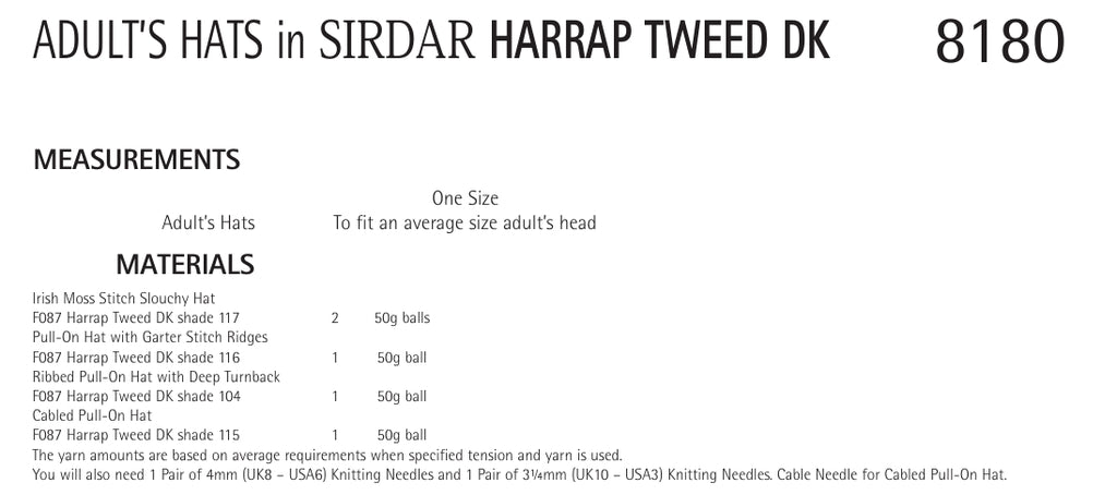 Sirdar Adult Hats Knitting Pattern in DK 8180P PDF DOWNLOAD