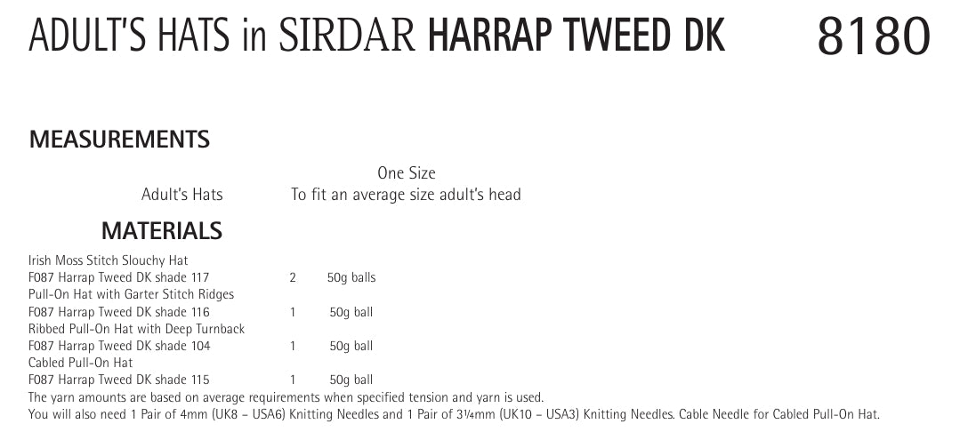 Sirdar Adult Hats Knitting Pattern in DK 8180P PDF DOWNLOAD