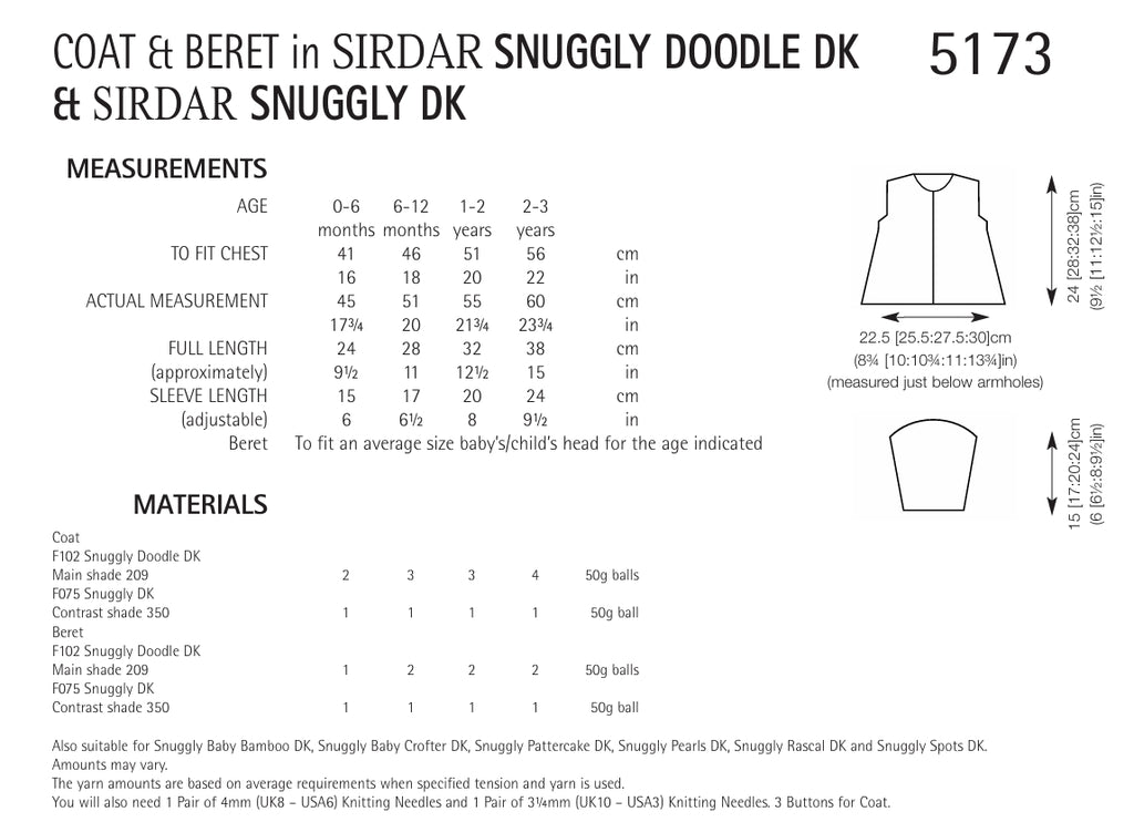 Sirdar Coat & Beret Knitting Pattern in DK 5173P PDF DOWNLOAD