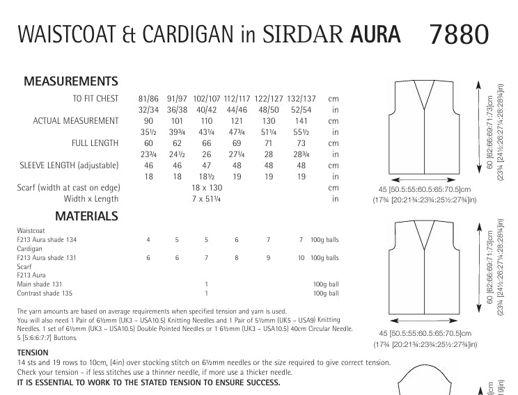 Sirdar Waistcoat and Cardigan Knitting Pattern in Sirdar Aura 7880P PDF DOWNLOAD