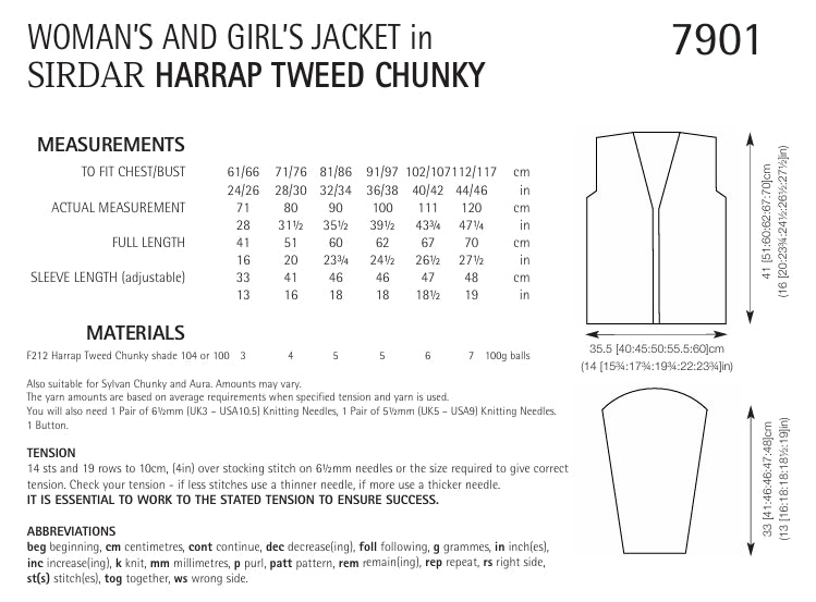 Sirdar Womans and Girls Jacket Knitting Pattern in Sirdar Harrap Tweed Chunky 7901P PDF