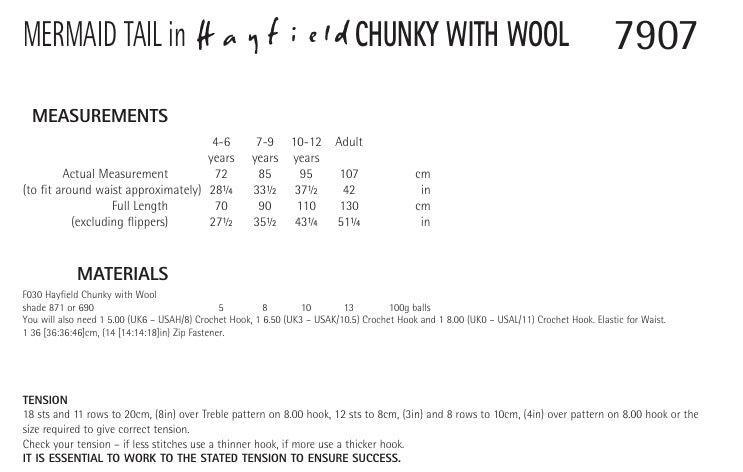 Hayfield Mermaid Tail Crochet Pattern in Hayfield Chunky with Wool 7907P PDF DOWNLOAD