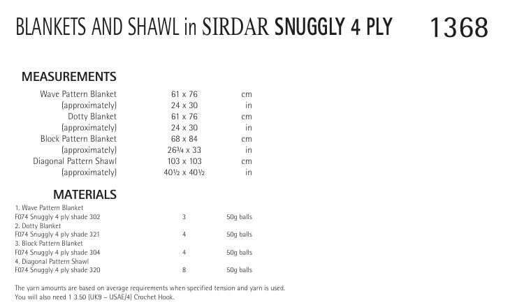 Sirdar Blankets and Shawl Crochet Pattern in Snuggly 4ply 1368P PDF DOWNLOAD