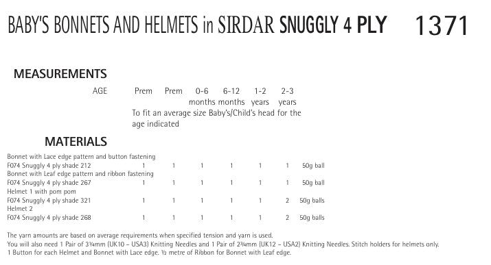 Sirdar Baby Bonnets and Helmets Knitting Pattern in Snuggly 4ply 1371P PDF DOWNLOAD