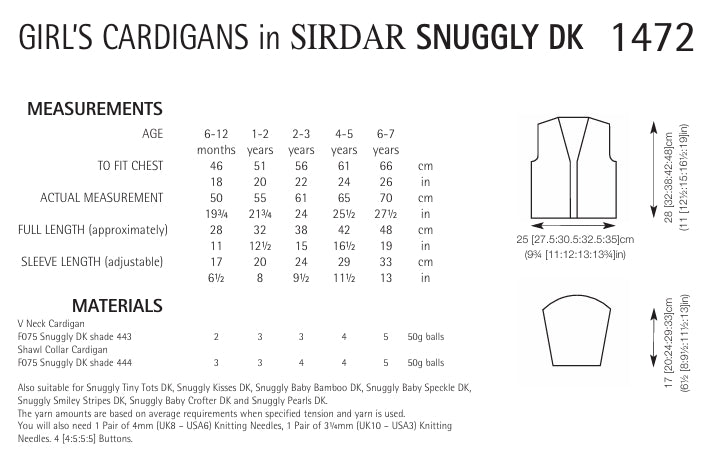 Sirdar Girls Cardigans Knitting Pattern in Snuggly DK 1472P PDF DOWNLOAD