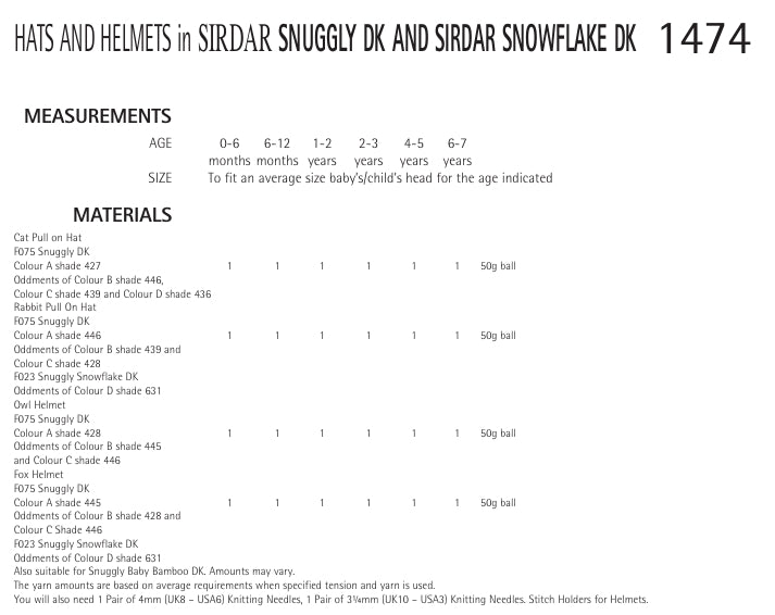 Sirdar Hats and Helmets Knitting Pattern in Snuggly DK and Snowflake DK 1474P PDF DOWNLOAD