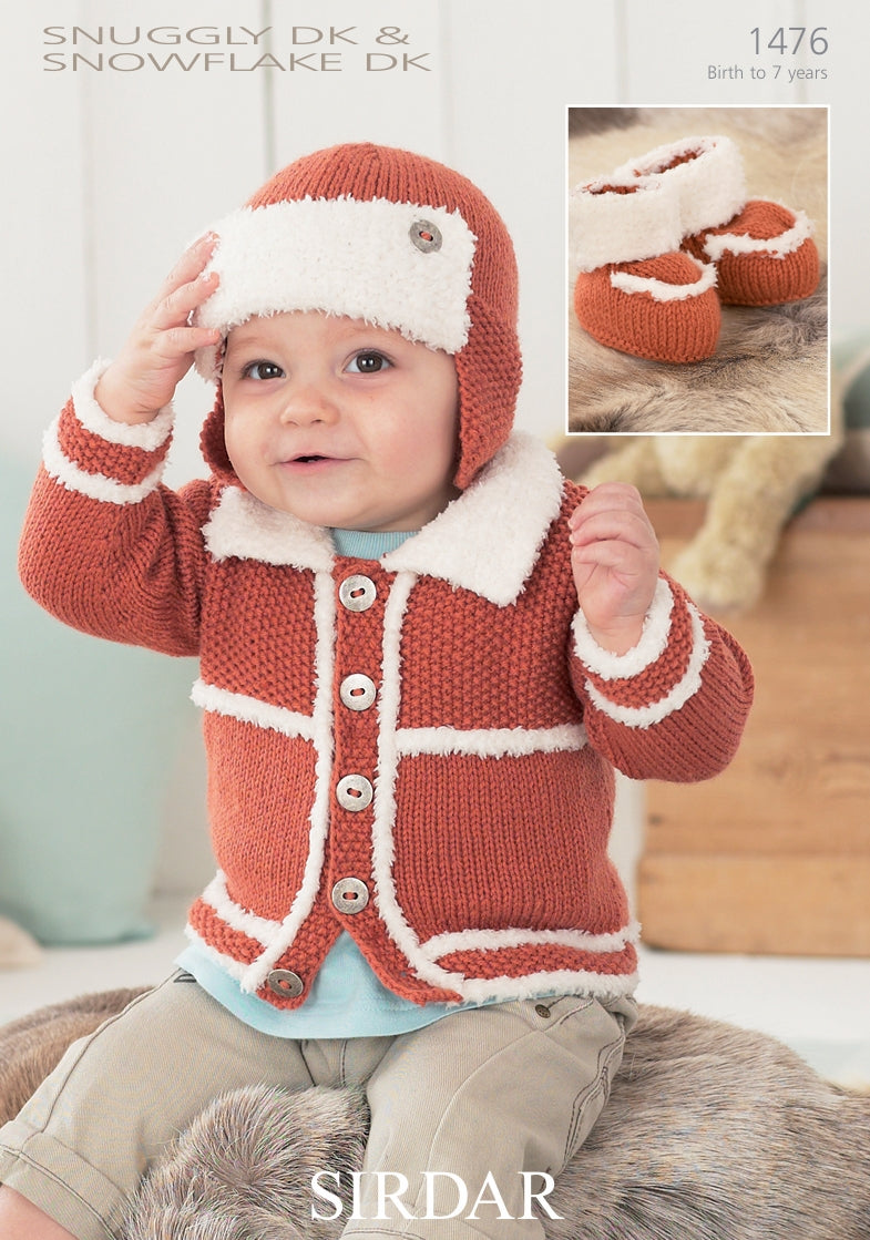 Sirdar Cardigan, Helmet and Bootees Knitting Pattern in Snuggly DK and Snowflake DK 1476P PDF DOWNLOAD