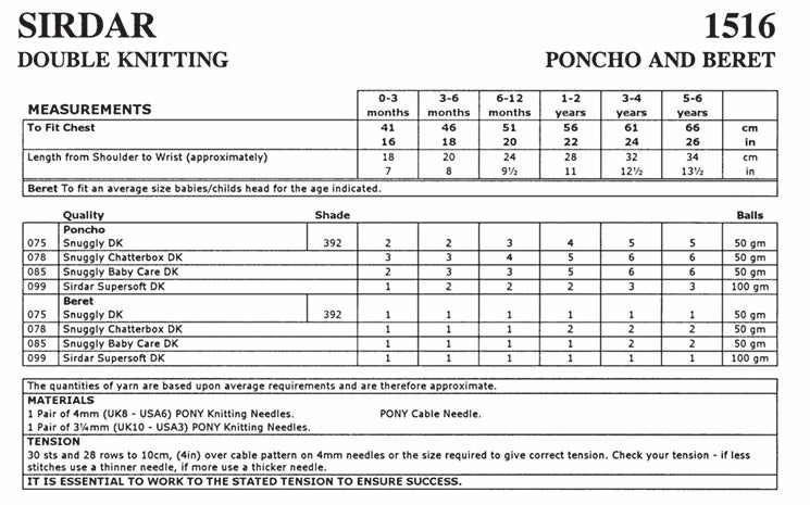 Sirdar Poncho and Beret Knitting Pattern in Snuggly DK 1516P PDF DOWNLOAD