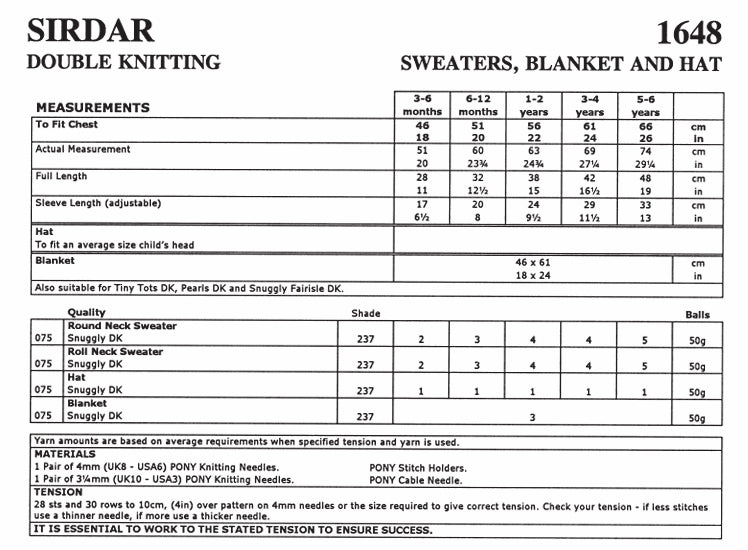 Sirdar Sweaters, Blanket and Hat Knitting Pattern in Snuggly DK 1648P PDF DOWNLOAD