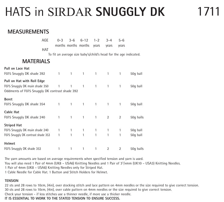 Sirdar Hats Knitting Pattern in Snuggly DK 1711P PDF DOWNLOAD