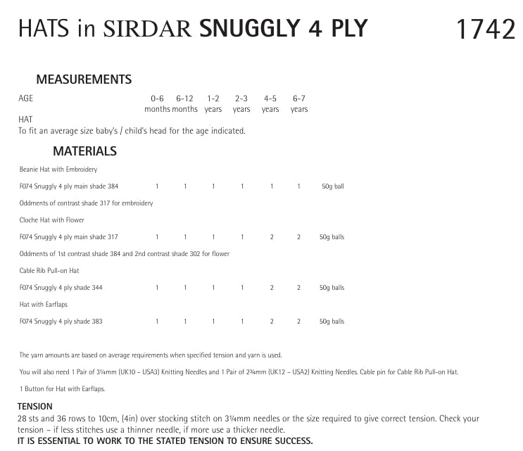 Sirdar Hats Knitting Pattern in Snuggly 4ply 1742P PDF DOWNLOAD