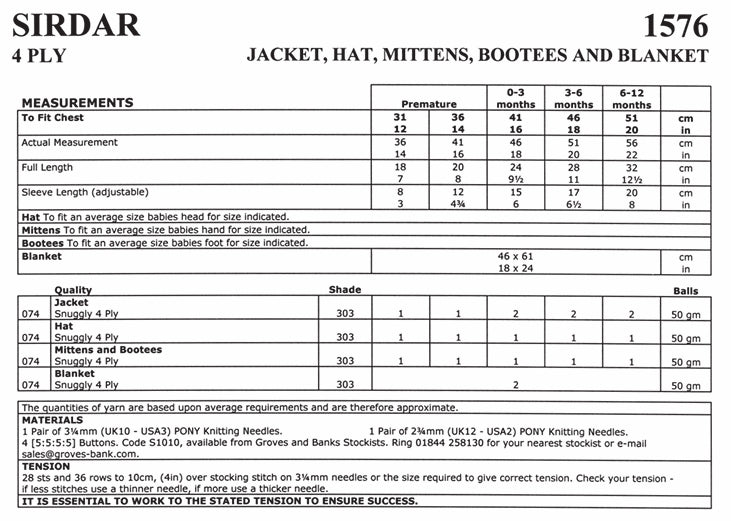 Sirdar Jacket, Hat, Mittens, Bootees and Blanket Knitting Pattern in Snuggly 4ply 1576P PDF DOWNLOAD