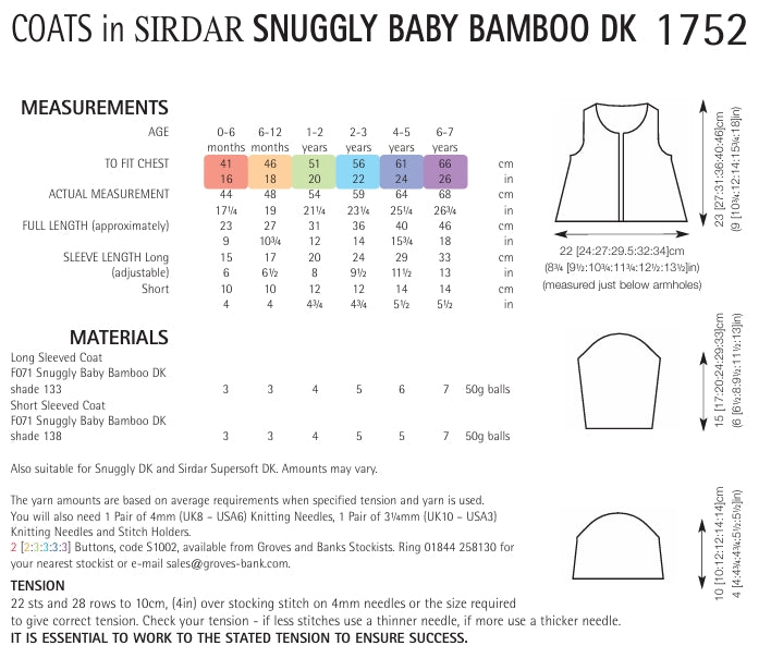 Sirdar Coats Knitting Pattern in Snuggly Baby Bamboo DK 1752P PDF DOWNLOAD