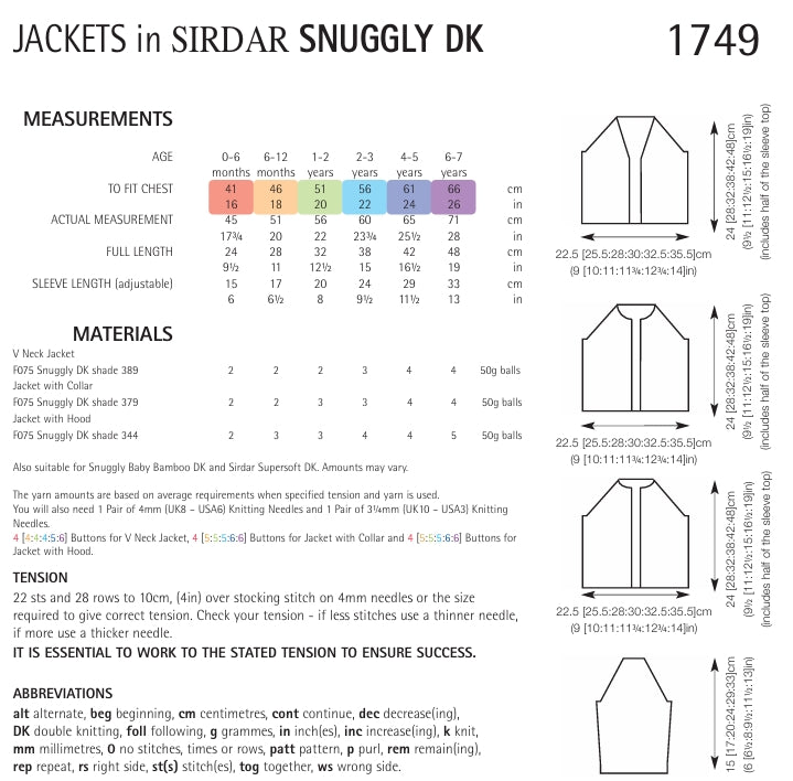 Sirdar Jackets Knitting Pattern in Snuggly DK 1749P PDF DOWNLOAD