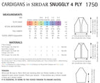 Sirdar Cardigans Knitting Pattern in Snuggly 4ply 1750P PDF DOWNLOAD