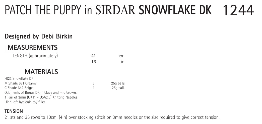 Sirdar Patch the Puppy Knitting Pattern in Sirdar Snowflake DK 1244P PDF DOWNLOAD