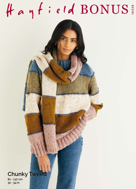 Hayfield Ladies Sweater and Scarf Knitting Pattern in Bonus Chunky Tweed 10339P PDF DOWNLOAD