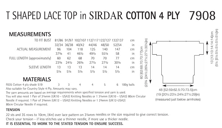 Sirdar T-Shaped Lace Top Knitting Pattern in Sirdar Cotton 4ply 7908P PDF DOWNLOAD