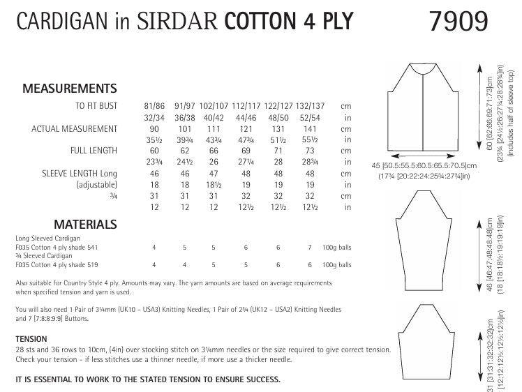 Sirdar Cardigan Knitting Pattern in Sirdar Cotton 4ply 7909P PDF DOWNLOAD