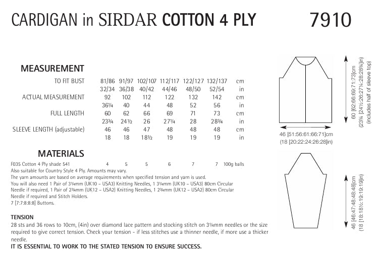 Sirdar Cardigan Knitting Pattern in Sirdar Cotton 4ply 7910P PDF DOWNLOAD