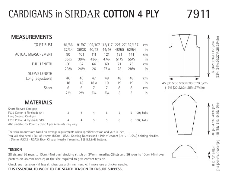 Sirdar Cardigan Knitting Pattern in Sirdar Cotton 4ply 7911P PDF DOWNLOAD