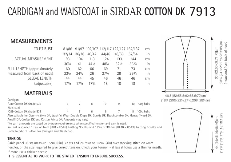 Sirdar Cardigan and Waistcoat Knitting Pattern in Sirdar Cotton DK 7913P PDF DOWNLOAD