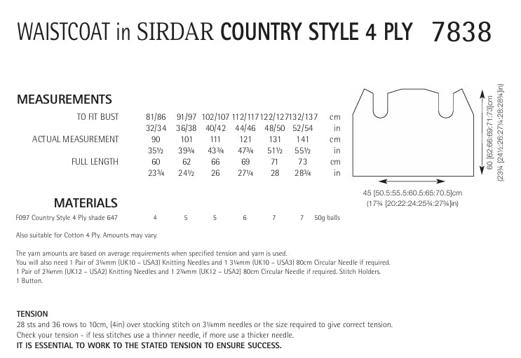 Sirdar Waistcoat Knitting Pattern in Sirdar Country Style 4ply 7838P PDF DOWNLOAD