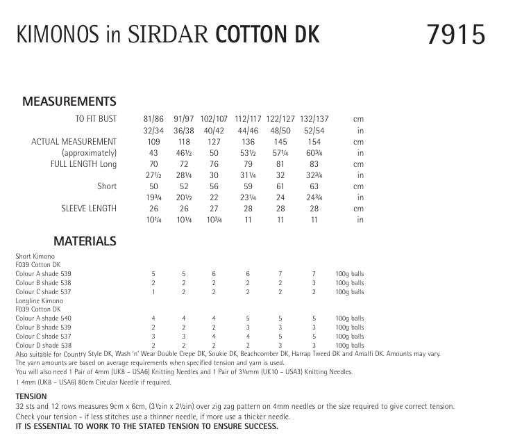 Sirdar Kimonos Knitting Pattern in Sirdar Cotton DK 7915P PDF DOWNLOAD