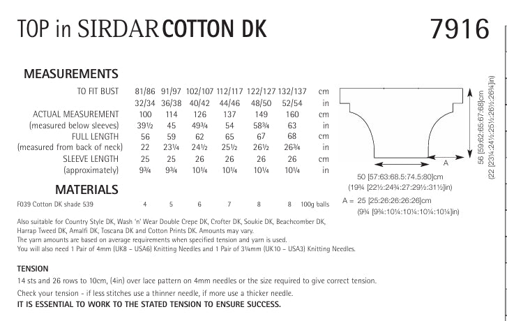 Sirdar Top Knitting Pattern in Sirdar Cotton DK 7916P PDF DOWNLOAD