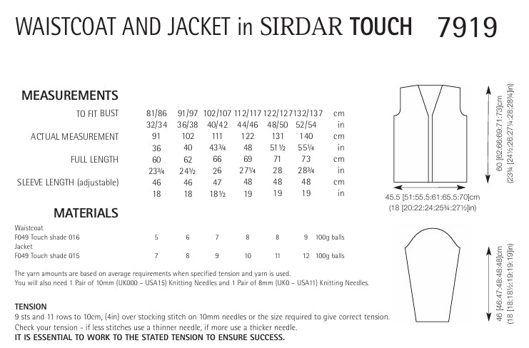 Sirdar Waistcoat and Jacket Knitting Pattern in Sirdar Touch Chunky 7919P PDF DOWNLOAD
