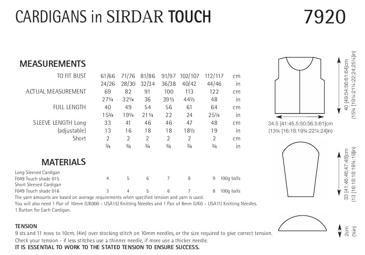 Sirdar Cardigans Knitting Pattern in Sirdar Touch Chunky 7920P PDF DOWNLOAD