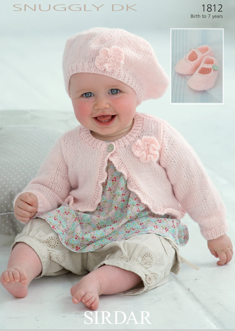 Sirdar Cardigan, Beret and Shoes Knitting Pattern in Snuggly DK 1812P PDF DOWNLOAD