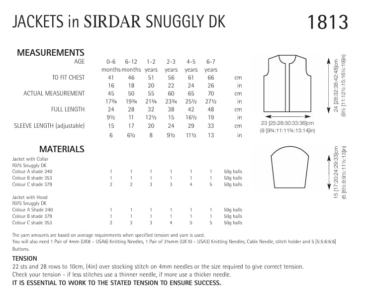 Sirdar Jackets Knitting Pattern in Snuggly DK 1813P PDF DOWNLOAD