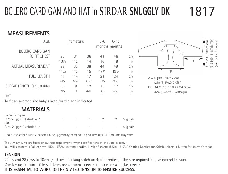 Sirdar Bolero Cardigan and Hat Knitting Pattern in Snuggly DK 1817P PDF DOWNLOAD