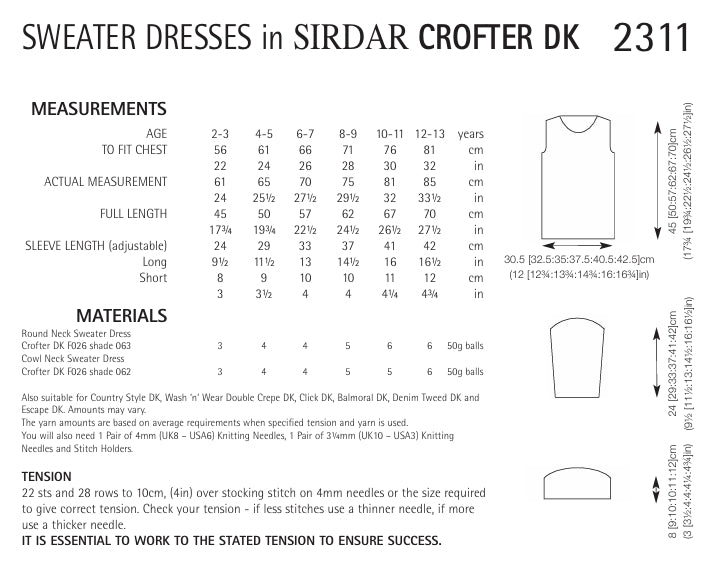Sirdar Sweater Dresses Knitting Pattern in Crofter DK 2311P PDF DOWNLOAD
