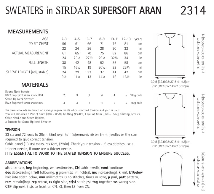 Sirdar Sweaters Knitting Pattern in Supersoft Aran 2314P PDF DOWNLOAD