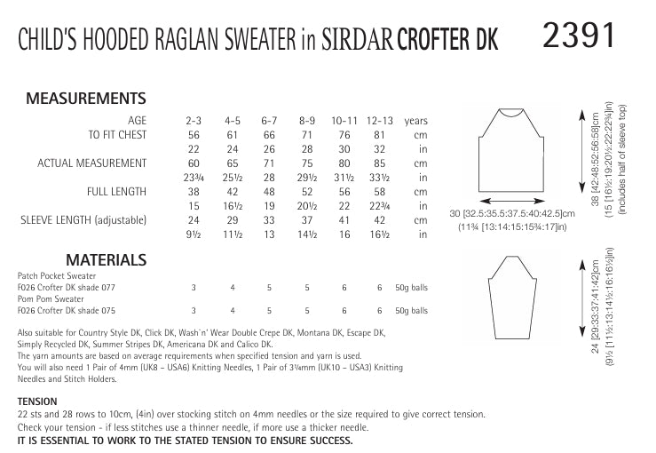 Sirdar Childs Hooded Raglan Sweater Knitting Pattern in Crofter DK 2391P PDF DOWNLOAD