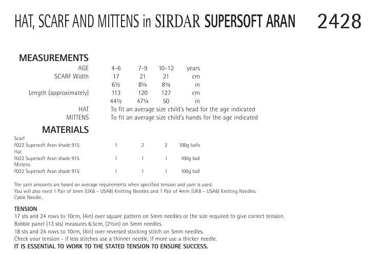 Sirdar Hat, Scarf and Mittens Knitting Pattern in Supersoft Aran 2428P PDF DOWNLOAD