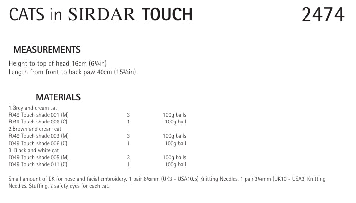 Sirdar Cats Knitting Pattern in Touch Chunky 2474P PDF DOWNLOAD