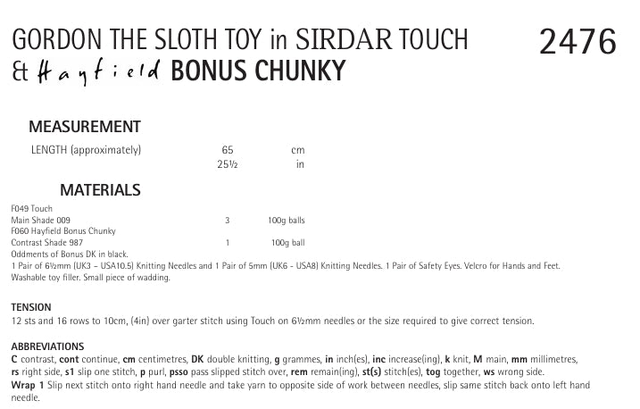 Sirdar Gordon the Sloth Toy Knitting Pattern in Hayfield Bonus Chunky and Touch Chunky 2476P PDF DOWNLOAD