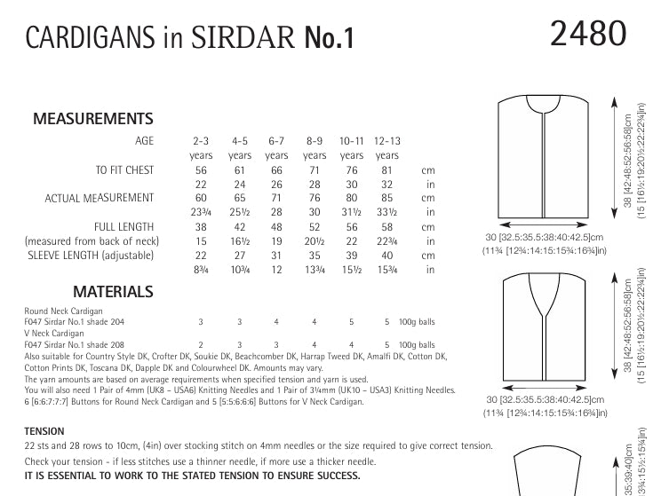 Sirdar Cardigans Knitting Pattern in Sirdar No.1 DK 2480P PDF DOWNLOAD